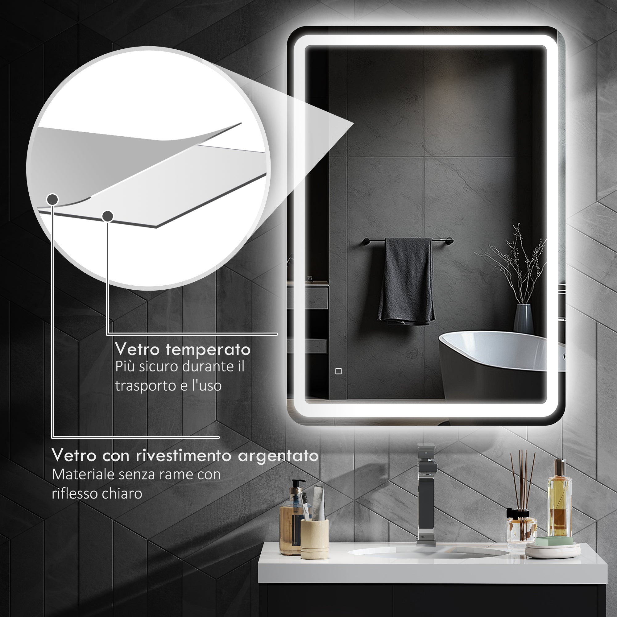Specchio Bagno da Parete 70x100 cm con Interruttore Touch e Luce LED in Vetro Temperato Argento