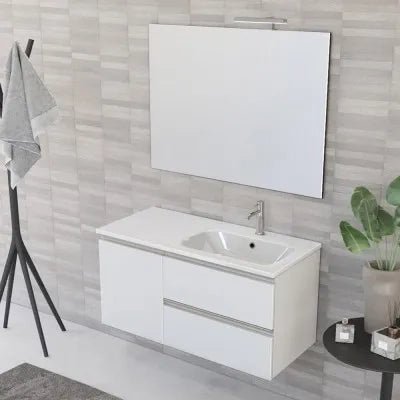 Mobile bagno sospeso 100 cm bianco opaco con cassetti e anta completo di lavabo a destra e specchio Master
