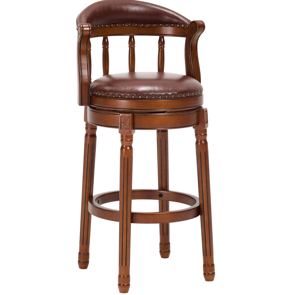 Sgabello da Bar in Legno Avorio con Seduta in Pelle di Mucca e Schienale, Girevole a 360°, Altezza 75 cm