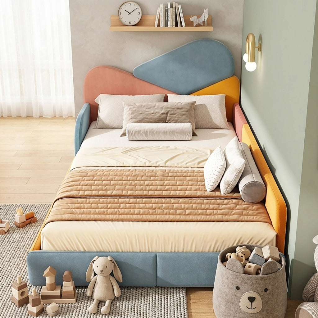 Letto per bambini 140 × 200 cm con protezione laterale rialzata, senza materasso, in velluto, blu multicolore