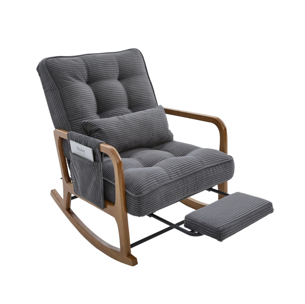 Sedia a dondolo con poggiapiedi in corduroy grigio; 70 x 80 x 92 cm