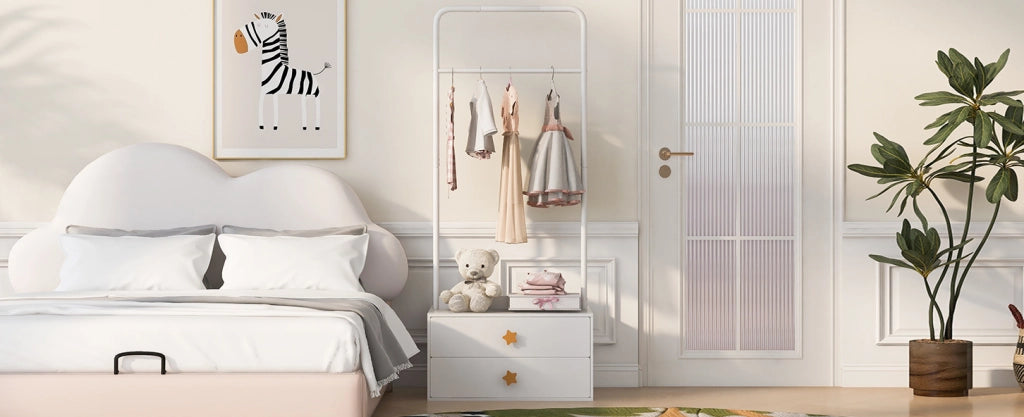 Stand appendiabiti per bambini ULEVR 70x55x168 cm con barra appendiabiti e 2 cassetti, bianco in MDF