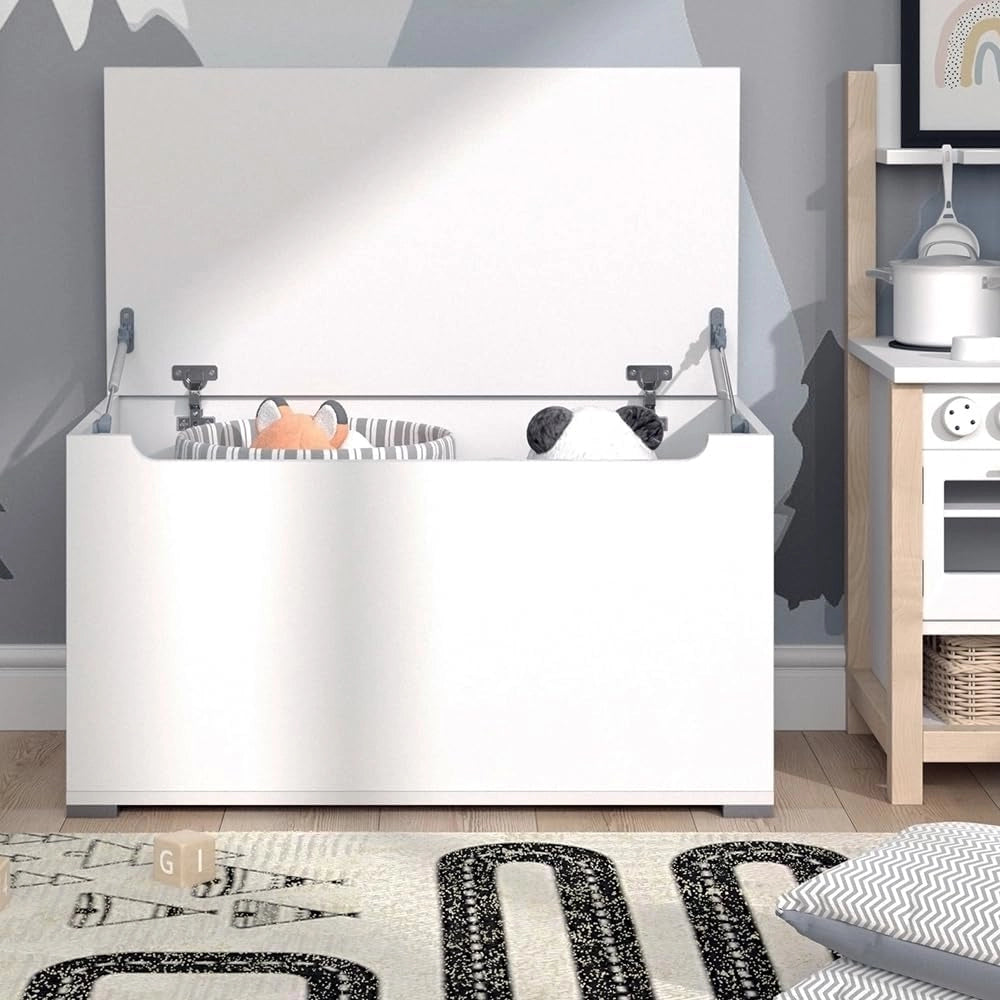 Cassapanca per giocattoli Arno, Bianco, 85 x 63.7 cm con coperchio, utilizzabile come soluzione di conservazione per giocattoli e accessori