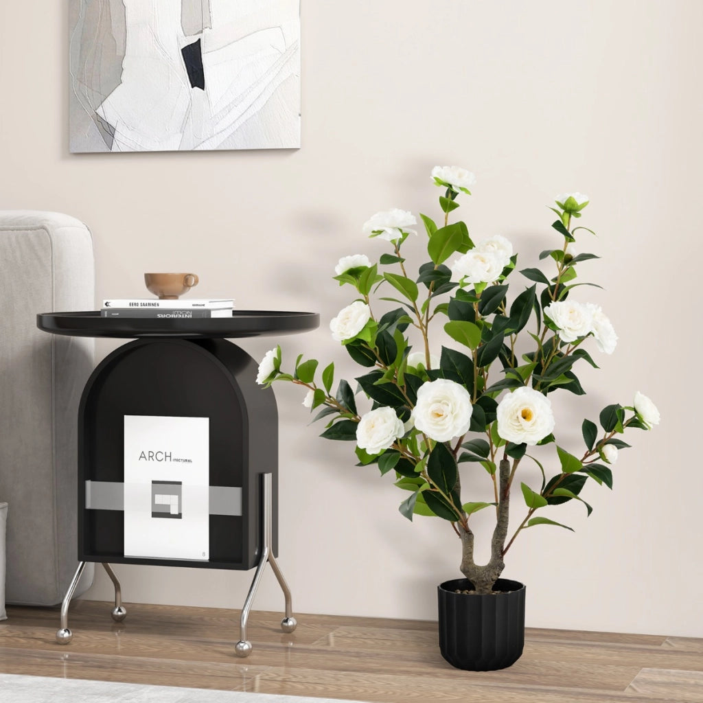 Albero di camelia artificiale da 95cm, Pianta artificiale con fiori finti in vaso di cemento Bianco-Piante artificiali