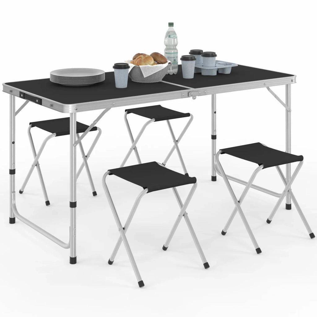 IDMarket - Tavolo da campeggio pieghevole regolabile in altezza da 120 cm e 4 sgabelli neri