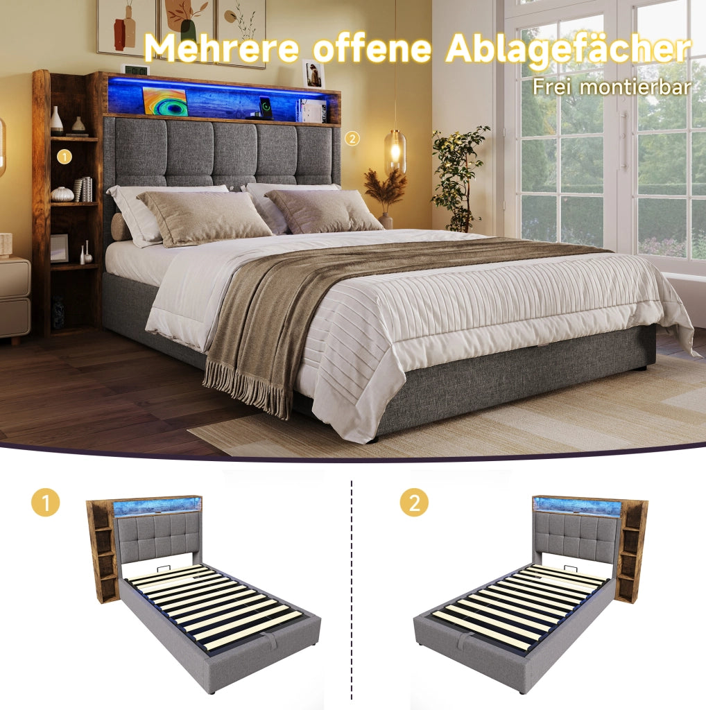 Letto imbottito 90x200 cm con USB e Type-C; contenitore idraulico; LED; grigio