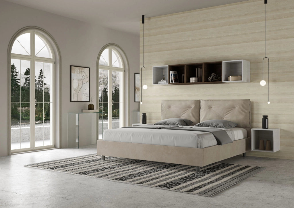 BS COM Letto matrimoniale king size con rete imbottito 190x190 microfibra sabbia Large