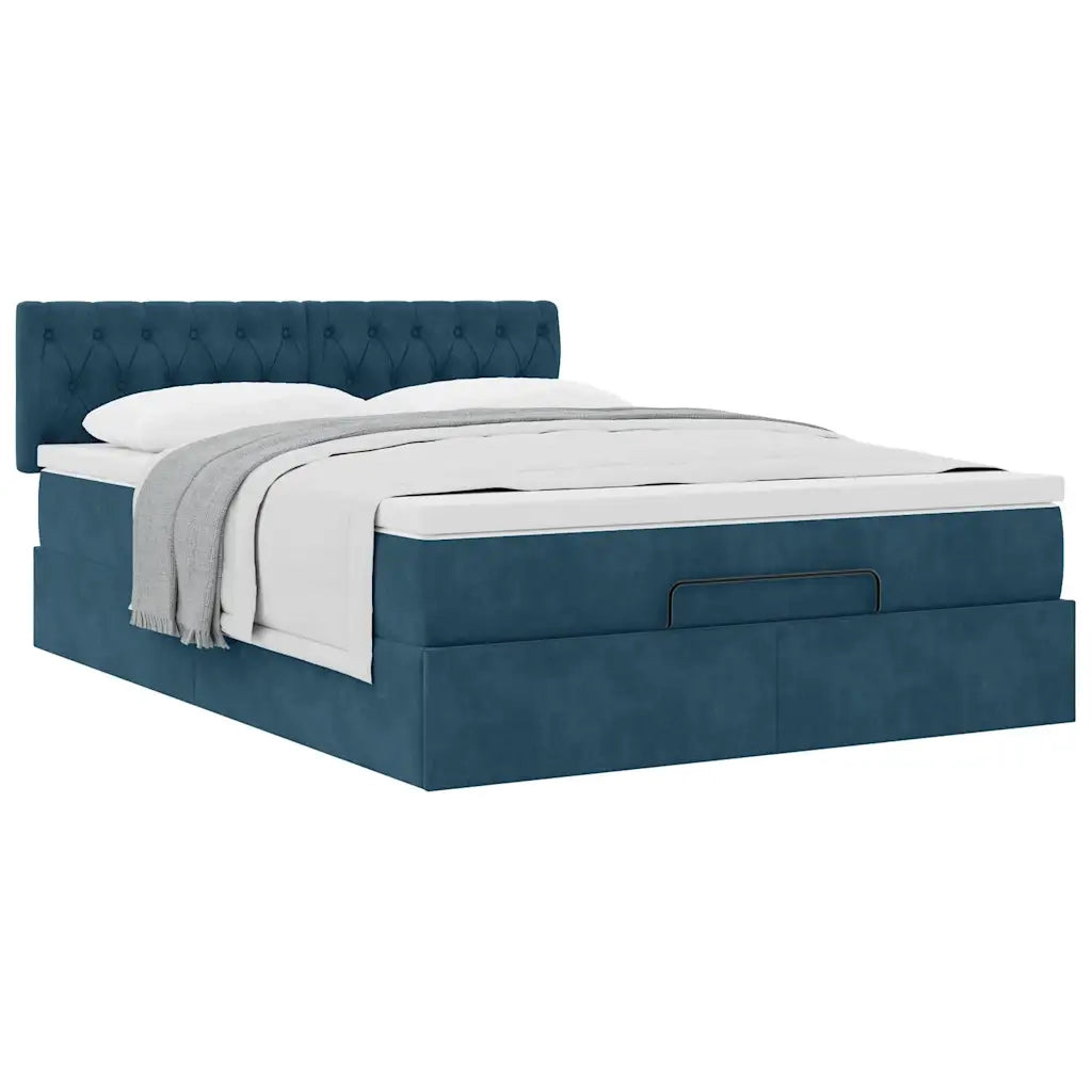 Struttura Letto Pouf con Materasso Blu 140x200cm in Velluto