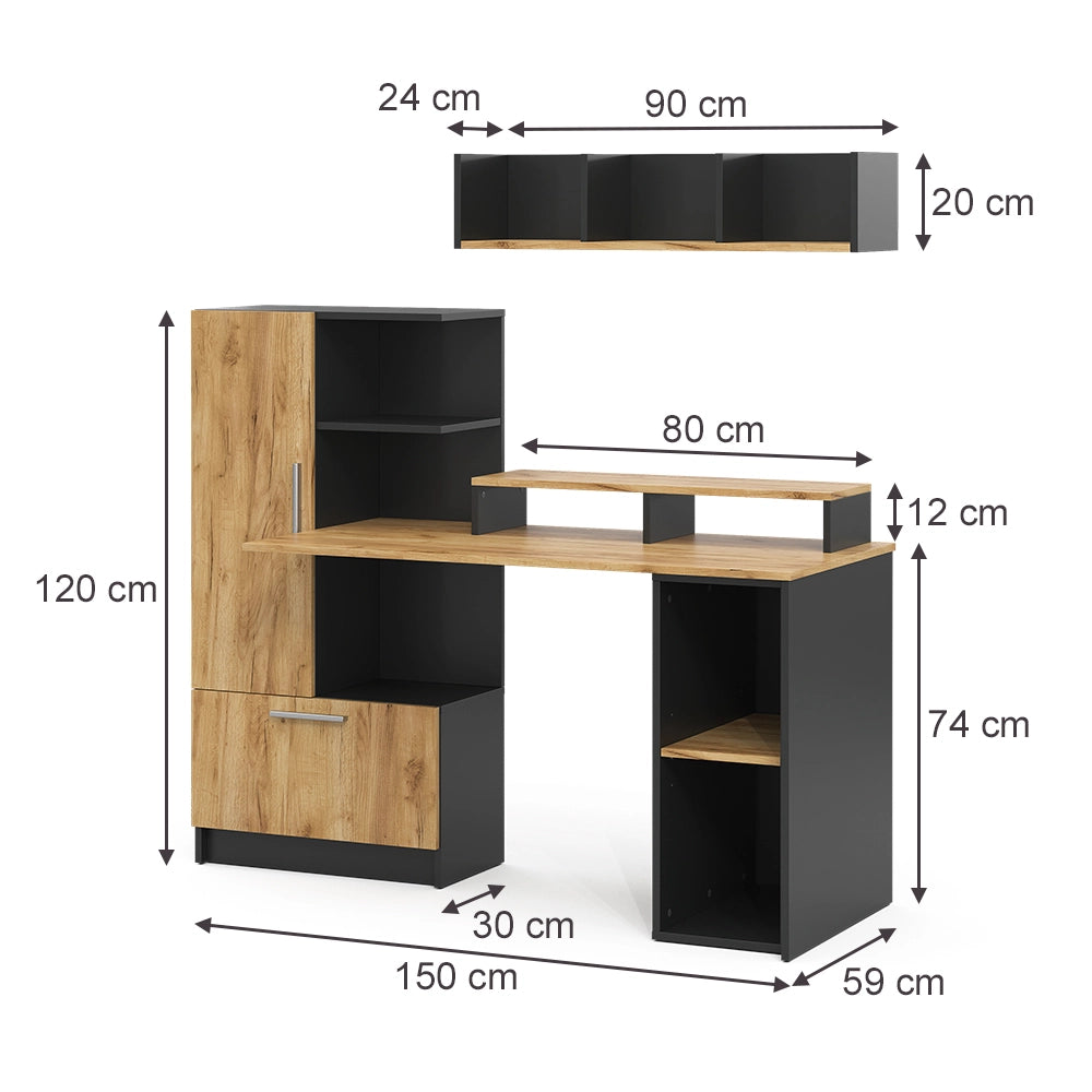 Set scrivania Tomy Antracite/Rovere dorato 150 x 59 cm Set di 4 Vicco