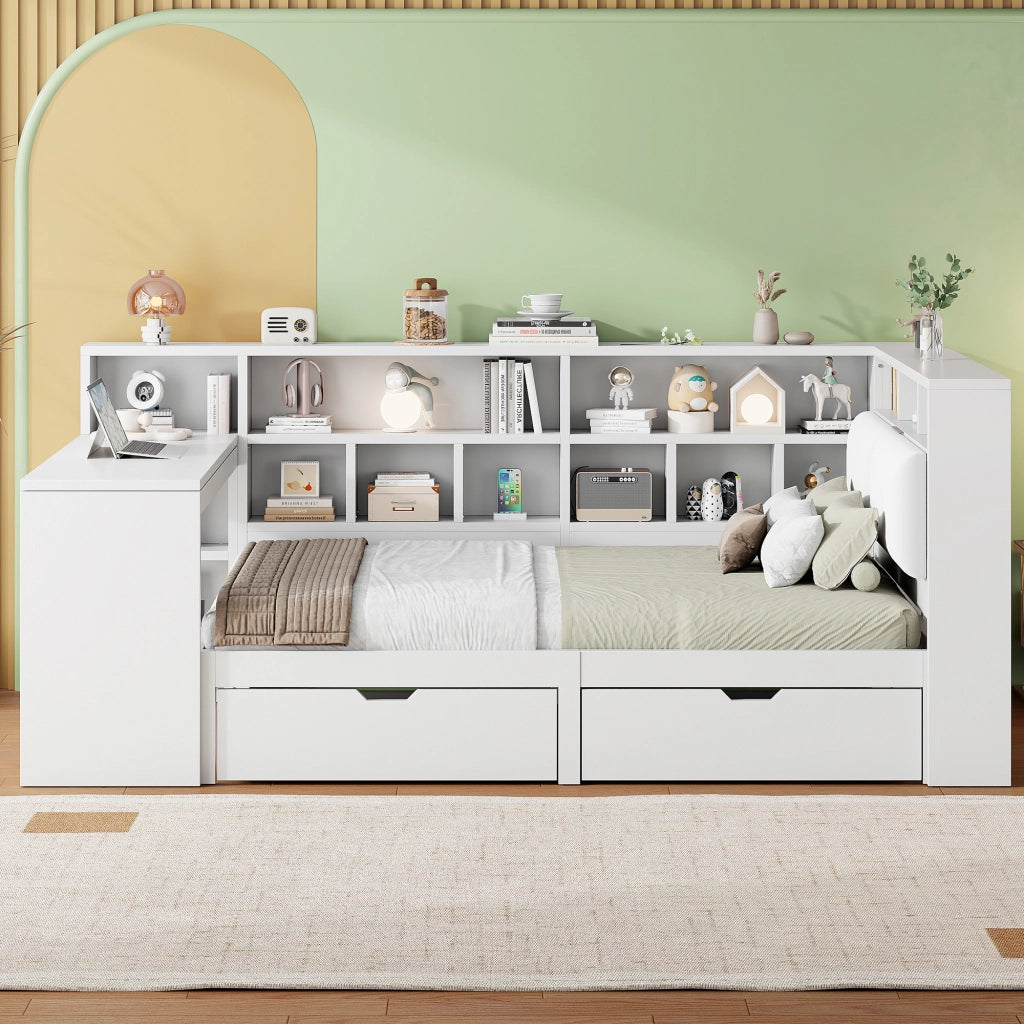Letto combinato 140 × 200 cm con scrivania, libreria, cassetti, LED e USB, senza materasso, bianco