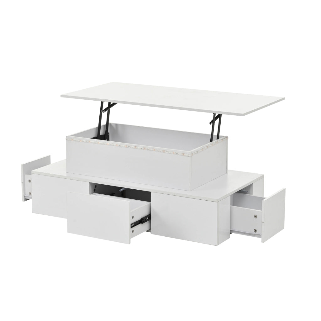 Tavolino da caffè alzabile con 4 cassetti; LED e vano nascosto - per soggiorno - 100 x 50 x 40 cm - in MDF - bianco