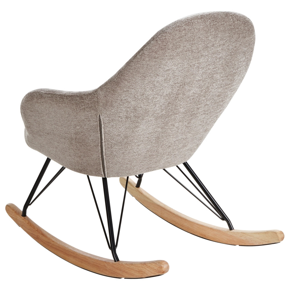 Sedia a dondolo in tessuto tortora gambe in legno e metallo pattini design moderno soggiorno