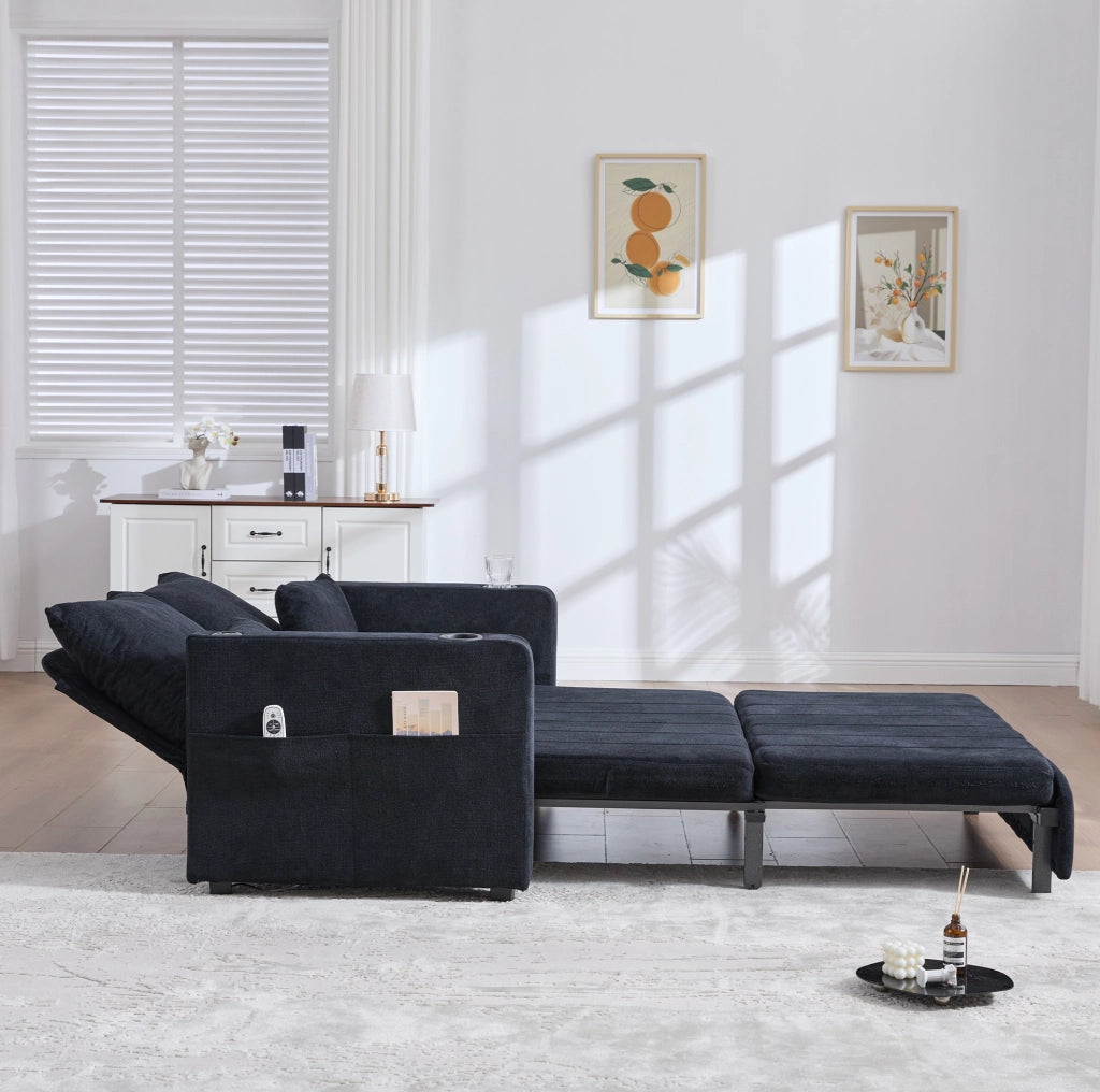 Divano letto trasformabile in ciniglia nera; 139 x 83 x 58 cm; con tasca laterale e 4 cuscini