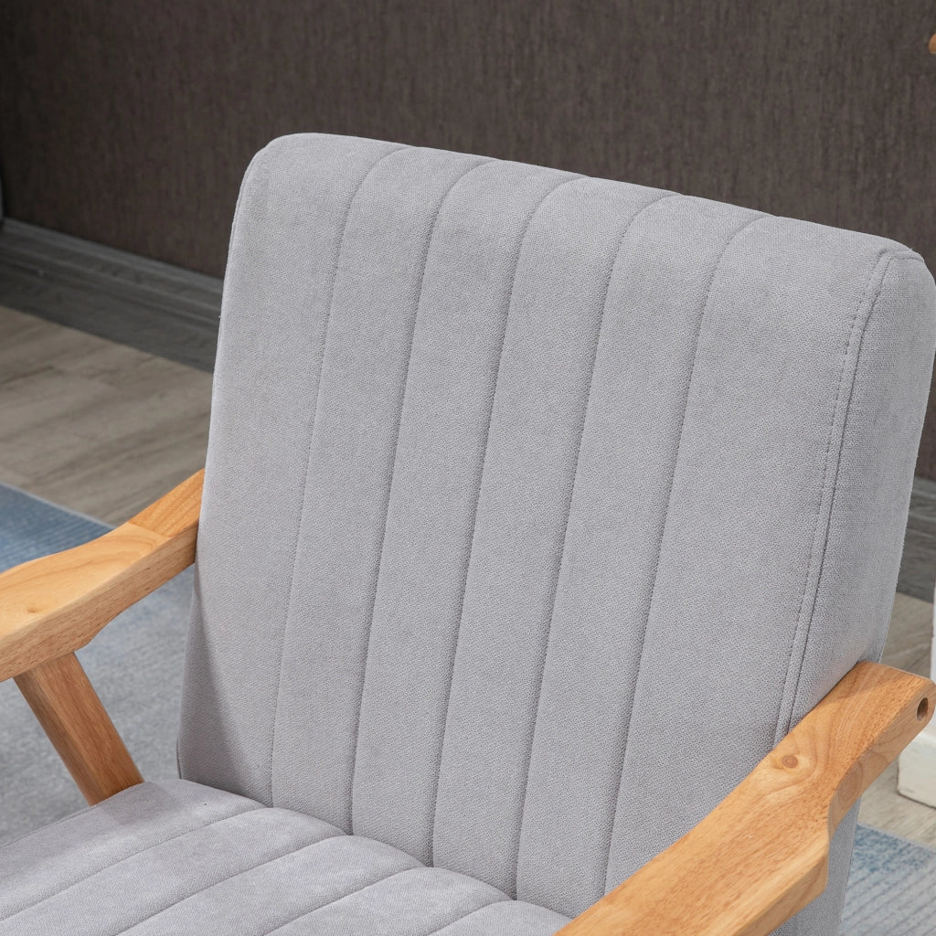 Poltrona lounge in stile scandinavo con braccioli, tessuto effetto velluto e gambe in legno di gomma, grigio chiaro