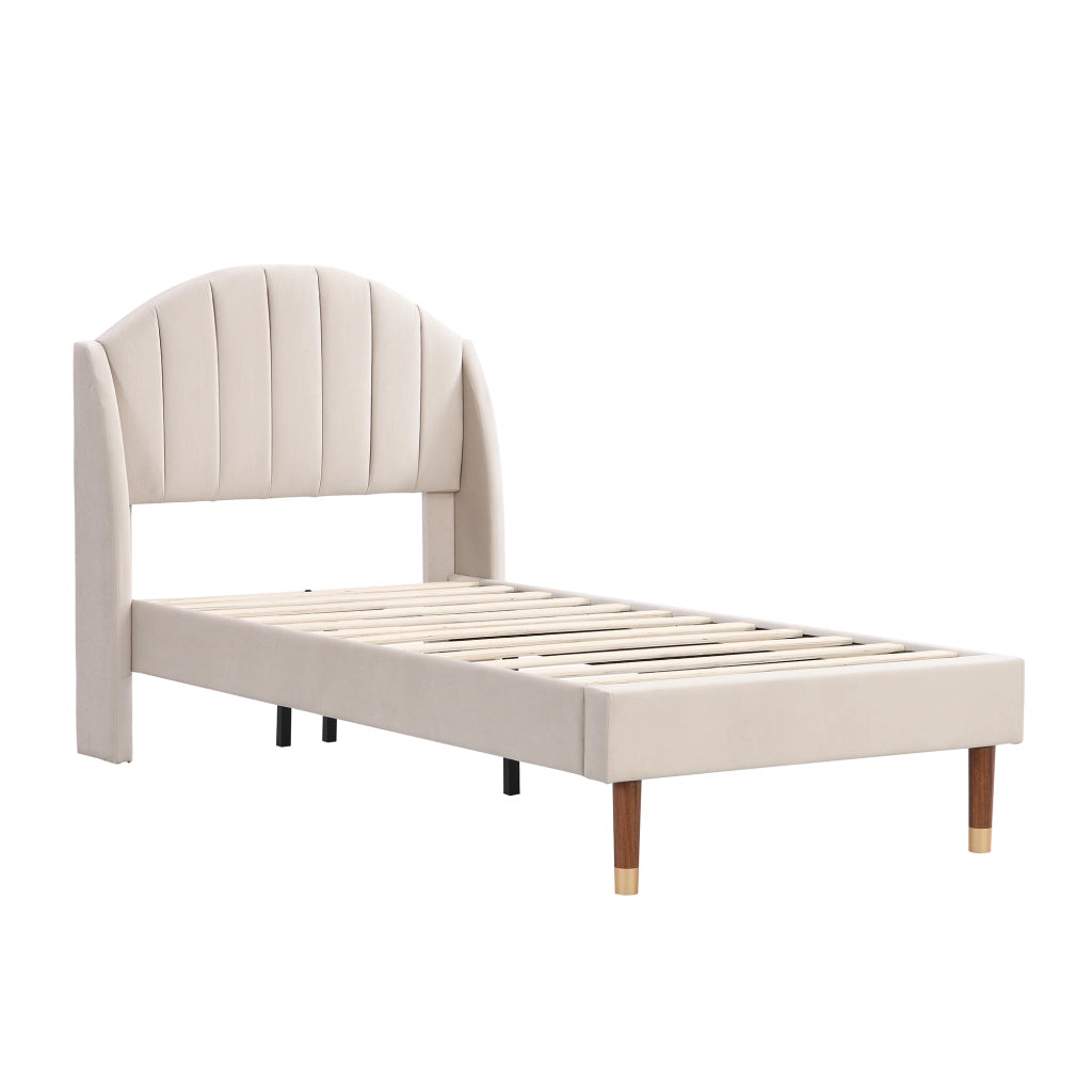 Letto Singolo 90×200 cm; 1 Posto con Testiera Imbottita; senza Materasso; Velluto Beige