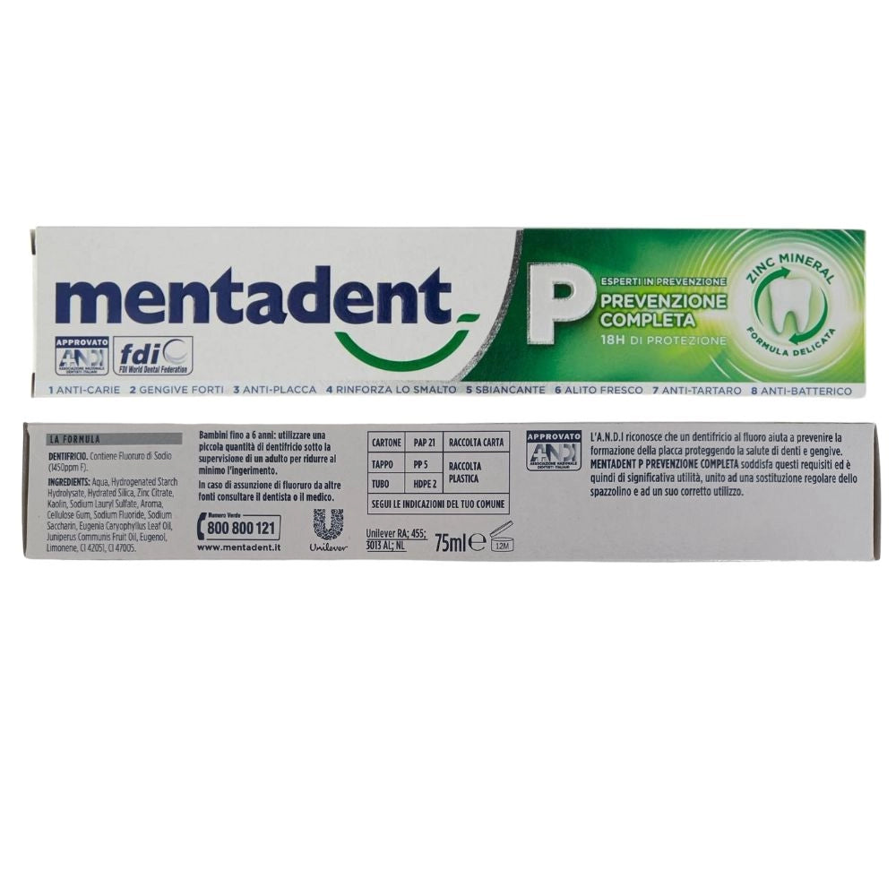 Dentifricio mentadent p prevenzione completa pezzi 6 verde tubo 75 millilitri