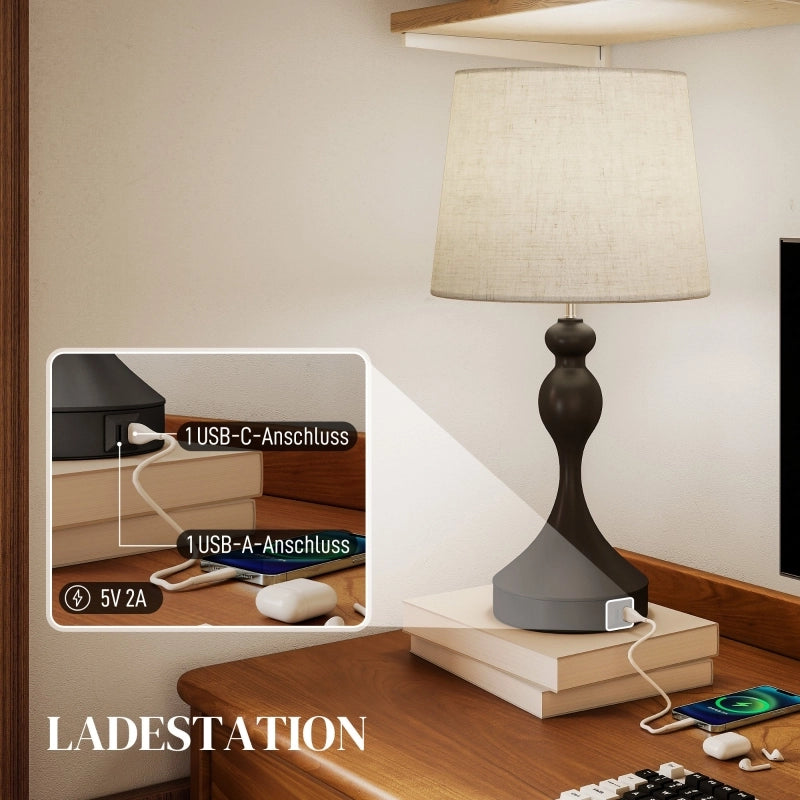 Lampada da tavolo a LED con 3 temperature di colore, lampada da comodino con porte di ricarica USB A+C, paralume in lino, nera