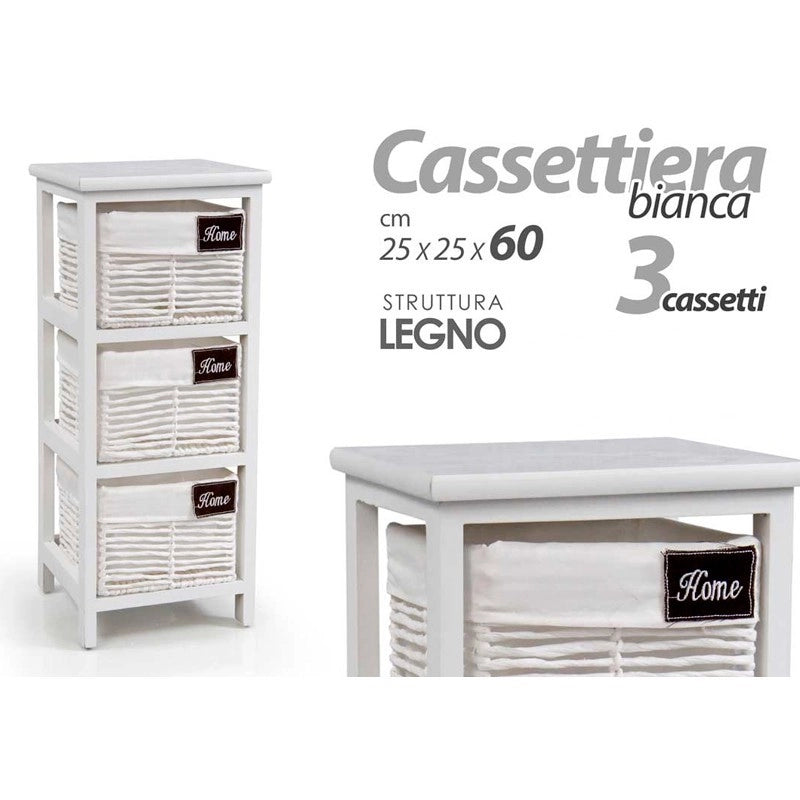 Cassettiera in legno da bagno bianca cm 25 x 25 x 60 h 3 cassetti