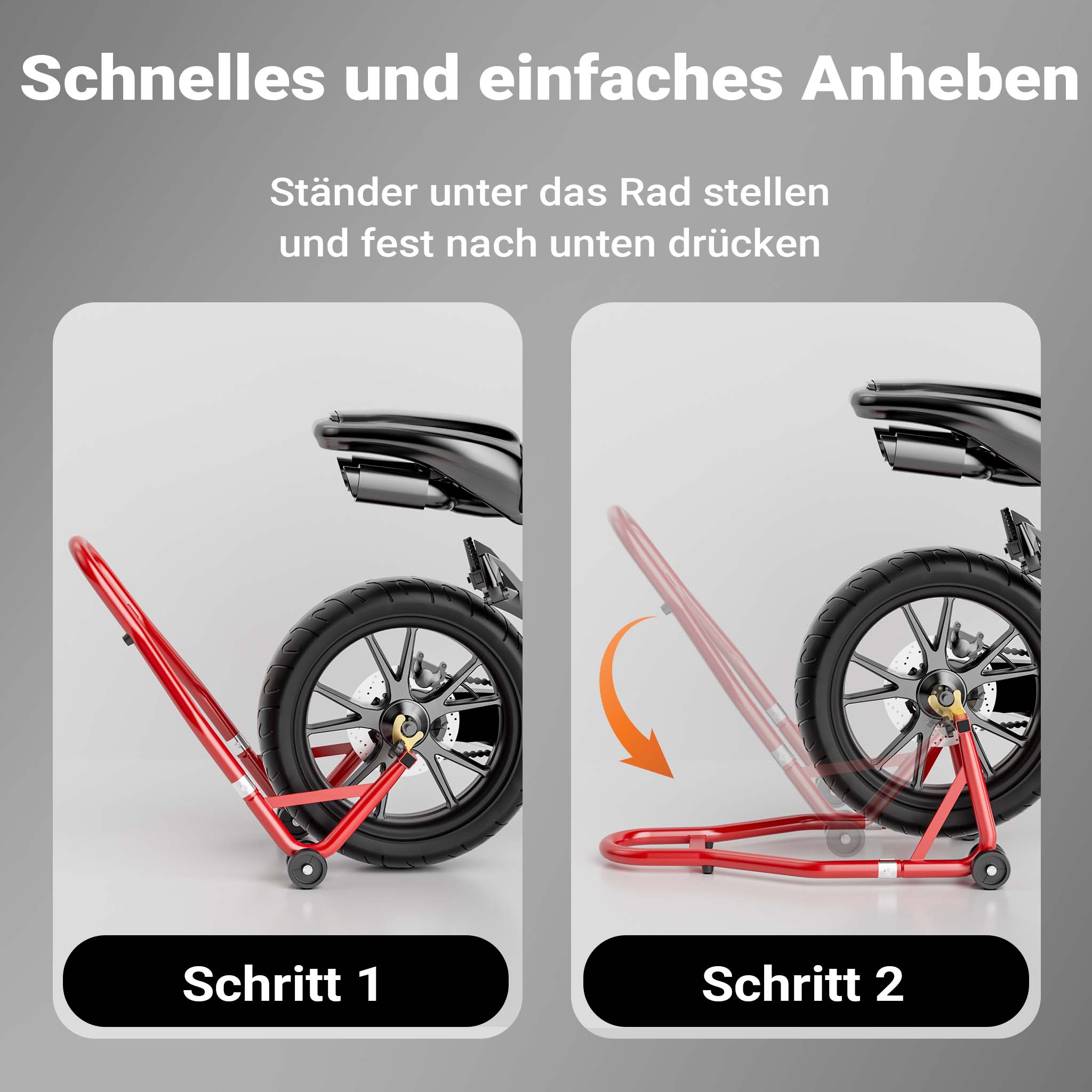 Cavalletto alzamoto posteriore sotto forcella, max 450 kg, con rotelle, per ruote posteriori