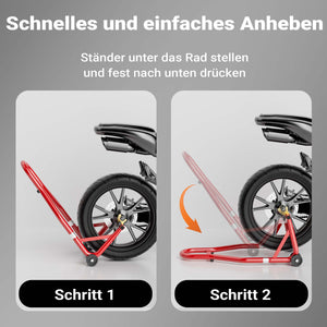 Cavalletto alzamoto posteriore sotto forcella, max 450 kg, con rotelle, per ruote posteriori