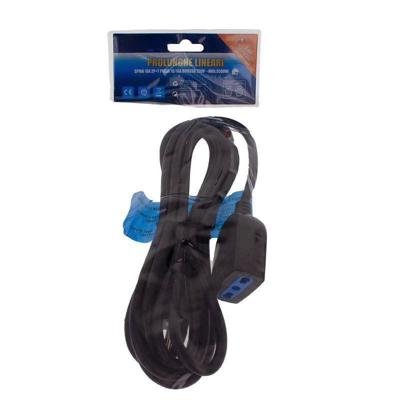 Prolunga Lineare Colore Nero 3M 3X1.0mm Spina Italiana 16A Presa Bipasso 10/16A Max 3500W