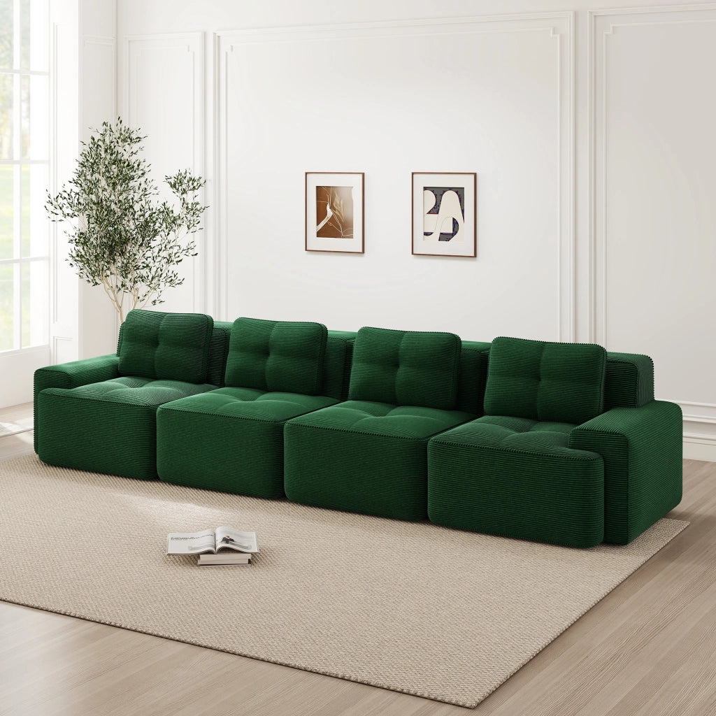 Divano modulare con seduta profonda e base antiscivolo; tessuto corduroy verde