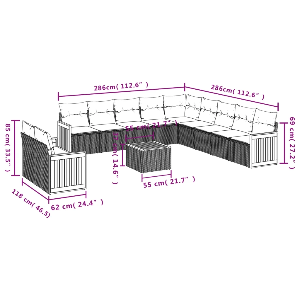 Set Divani da Giardino 12 pz con Cuscini Nero in Polyrattan 3260215