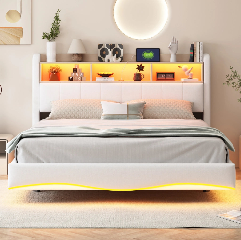 Letto imbottito sospeso 160x200 cm beige con LED, USB-C e vano testiera