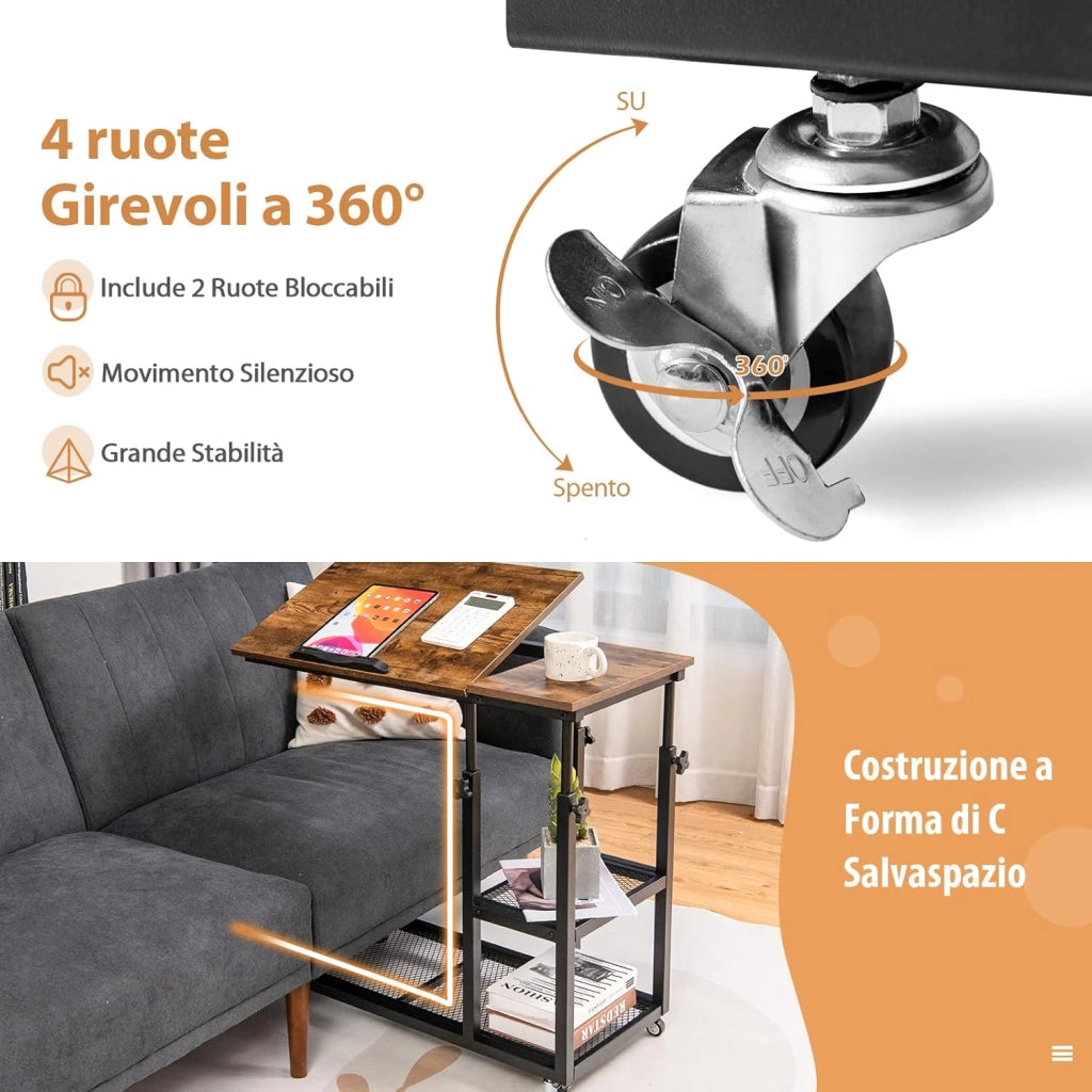 Tavolino Porta PC Regolabile in Altezza e Inclinazione, Tavolo Laterale per Letto e Divano con Ruote, Tavolino in Legno e Metallo per Salotto e Camera da letto, 80 x 40 x 64-95 cm (marrone)