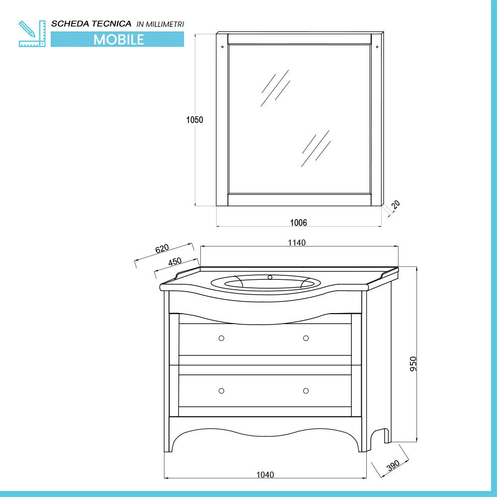 Mobile bagno a terra 115 cm bianco decape con cassetti specchio e lampade Romantica