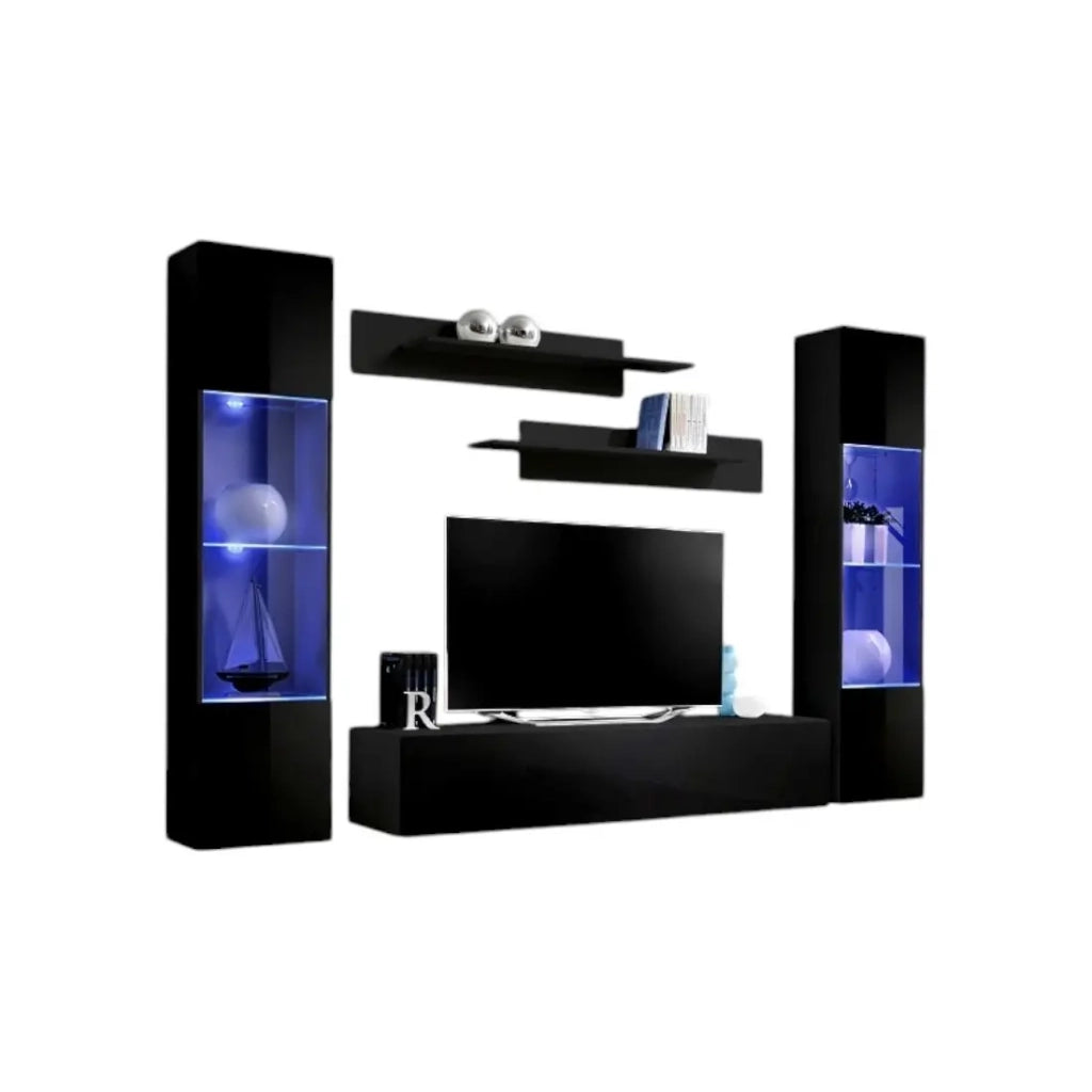 Mobile TV FLY A3 design, colore nero lucido + LED. Mobile sospeso moderno e alla moda per il tuo soggiorno.