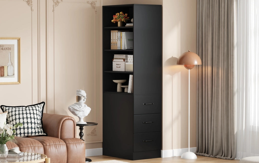 Libreria stretta 60x38x180 cm nera con cassetti laterali