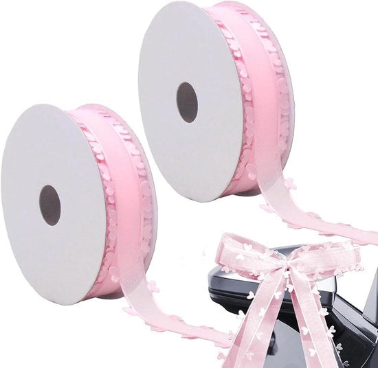 Cadeaulint con cuori - 25 mm x 18 m - 2 rotoli - Lint organza - Tule band - Banda decorativa - Per auto matrimonio - Decorazione tavola - Fermacapelli - Fai da te - Decorazione.