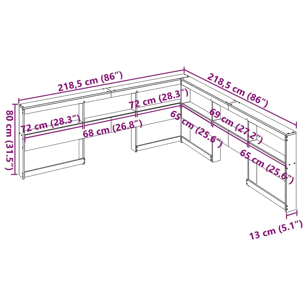 Testiera libreria a L-Testata contenitore Bianca 200 cm in Legno Massello di Pino