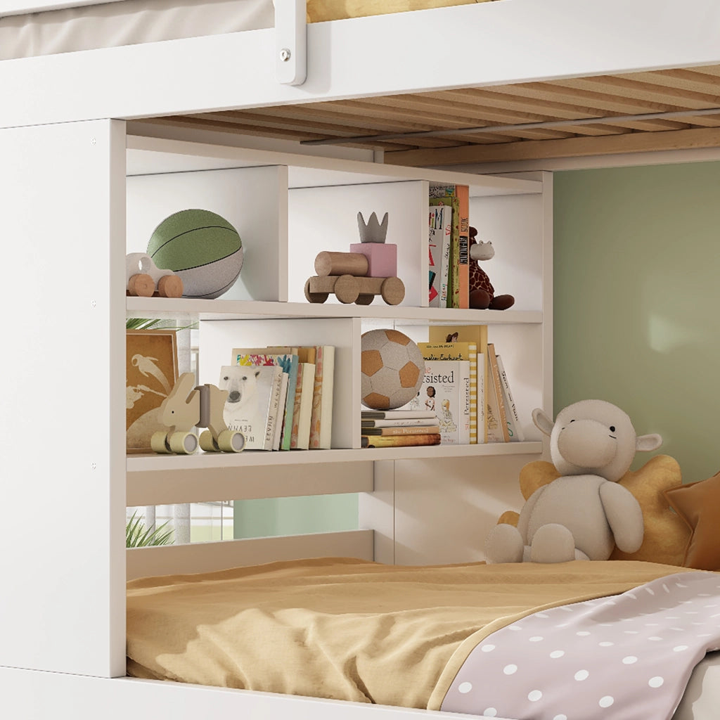 Letto a castello 90x200 cm in legno bianco con 2 cassetti, ripiano e scaletta