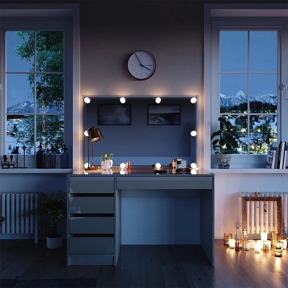 Tavolo da toilette Sherry, Bianco/Oro, 120 cm con illuminazione a LED, con illuminazione LED e grande specchio rettangolare