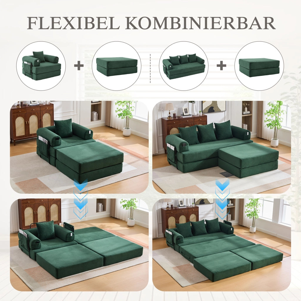 PUFF Letto pieghevole in corduroy verde smeraldo 109x95x43 cm