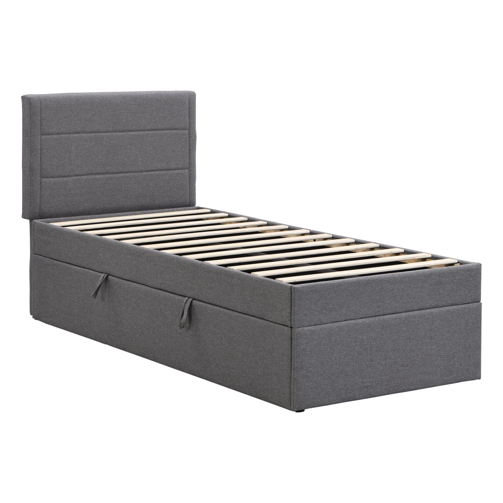 Letto singolo 90 × 200 cm con vano contenitore e struttura imbottita; senza materasso; in lino e MDF; grigio