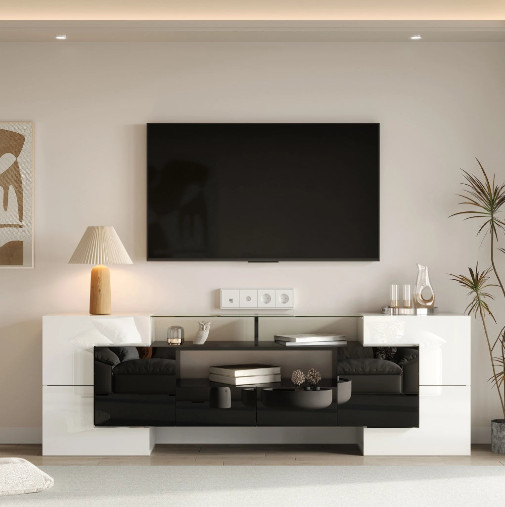 Mobile TV moderno 200x35x60 cm bianco e nero lucido con LED, 6 ante, 2 cassetti e 3 vani