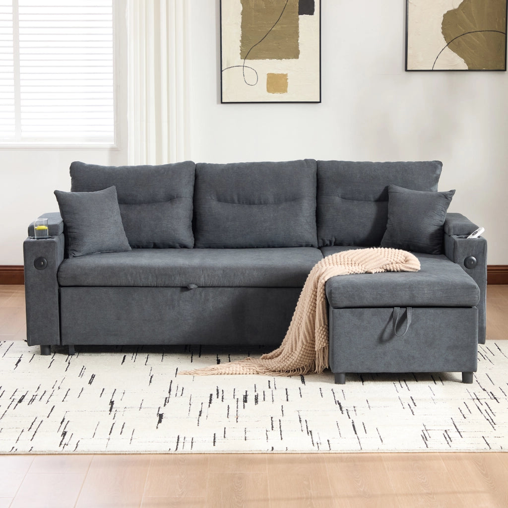 Divano convertibile a 3 posti in lino con contenitore, porte USB-C, chaise longue idraulica e letto estraibile grigio scuro