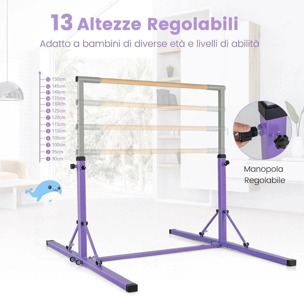 Barra per Ginnastica e Danza per Bambini e Bambine Pieghevole e Portatile, Sbarra Parallela in Metallo e Legno con 13 Altezze Regolabili, Ruote e Cuscinetti Antiscivolo, Portata 100 kg