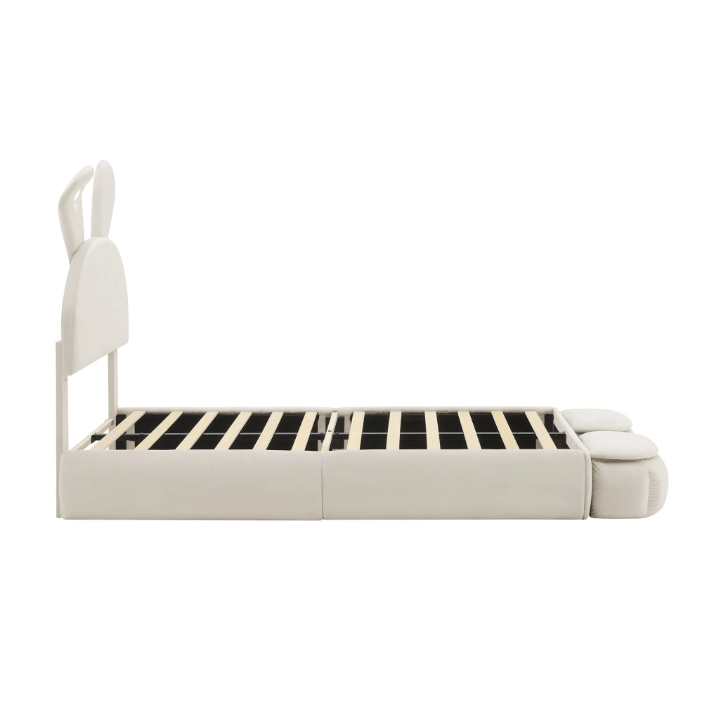 Letto imbottito 90x200 cm beige in velluto con LED e 2 pouf contenitore