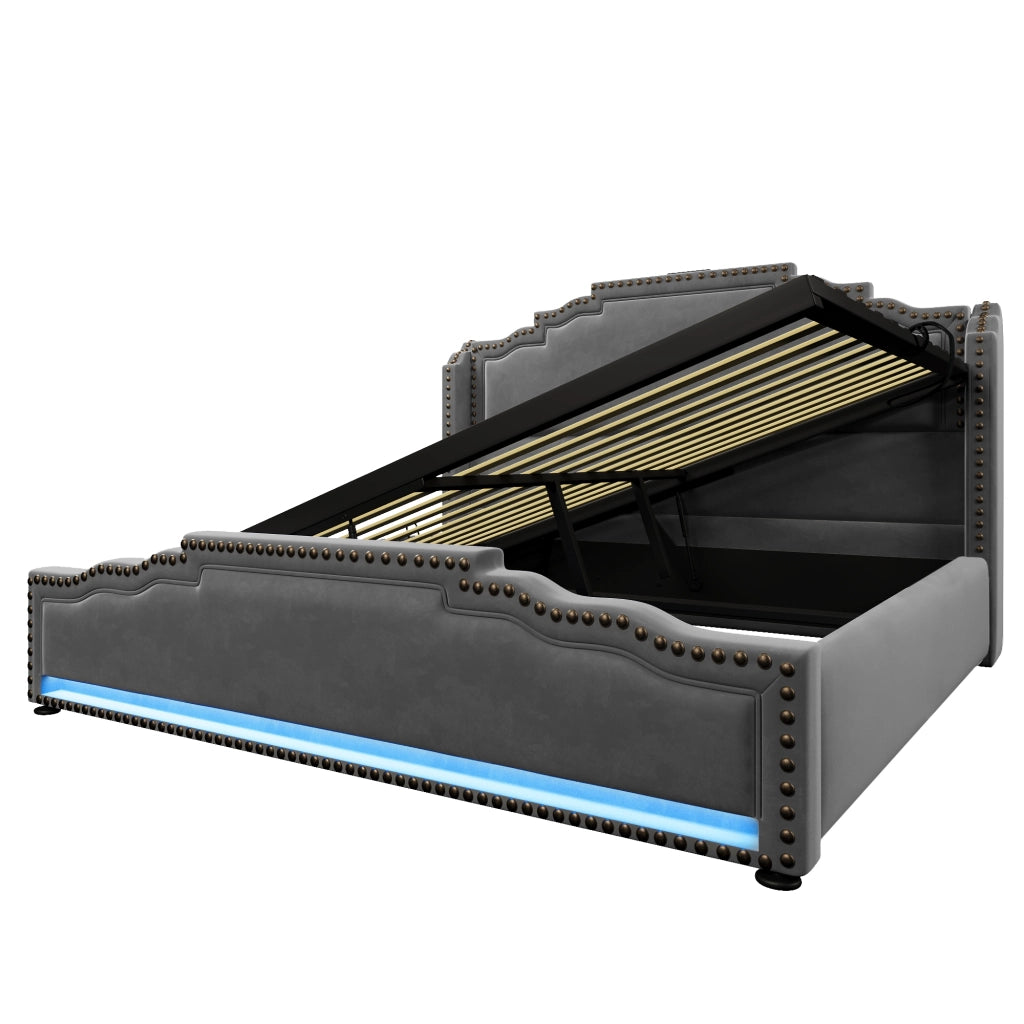 Letto Imbottito Contenitore 140x200 con LED ¨C MINIMAL ¨C Velluto Grigio, Idraulico, Rete a Doghe