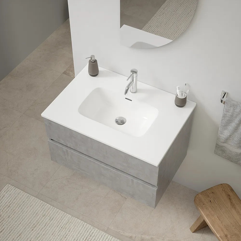 Mobile da bagno sospeso 90 cm effetto cemento chiaro con lavabo | Yili