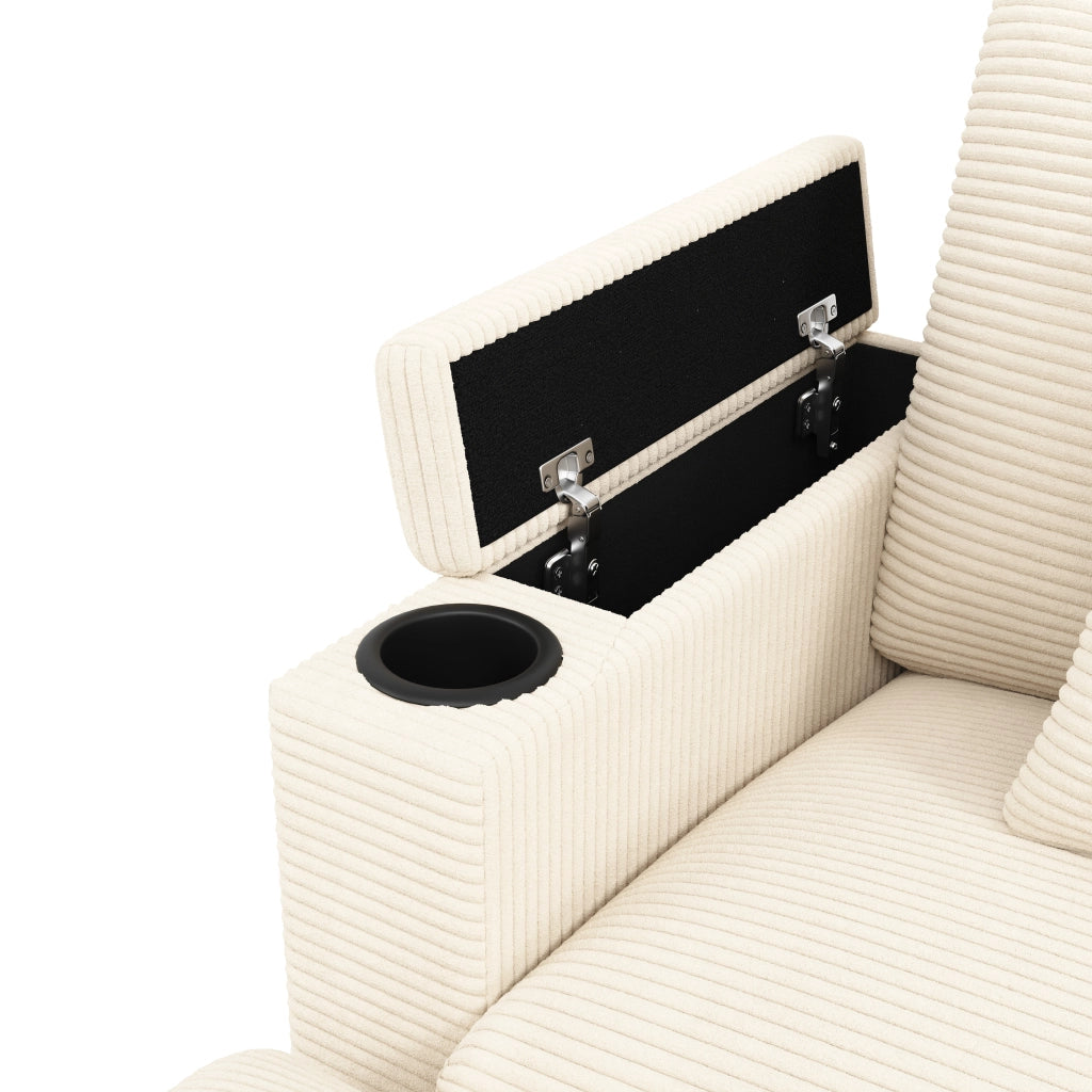 Divano modulare angolare in corduroy beige con USB, supporto telefono, contenitore e cuscini