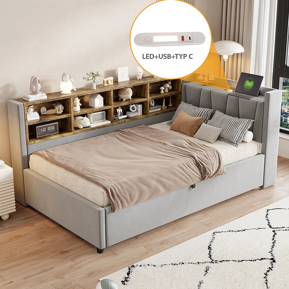 Divano letto-Xylo-90x200 cm-LED, USB-C, ripiani, velluto grigio chiaro
