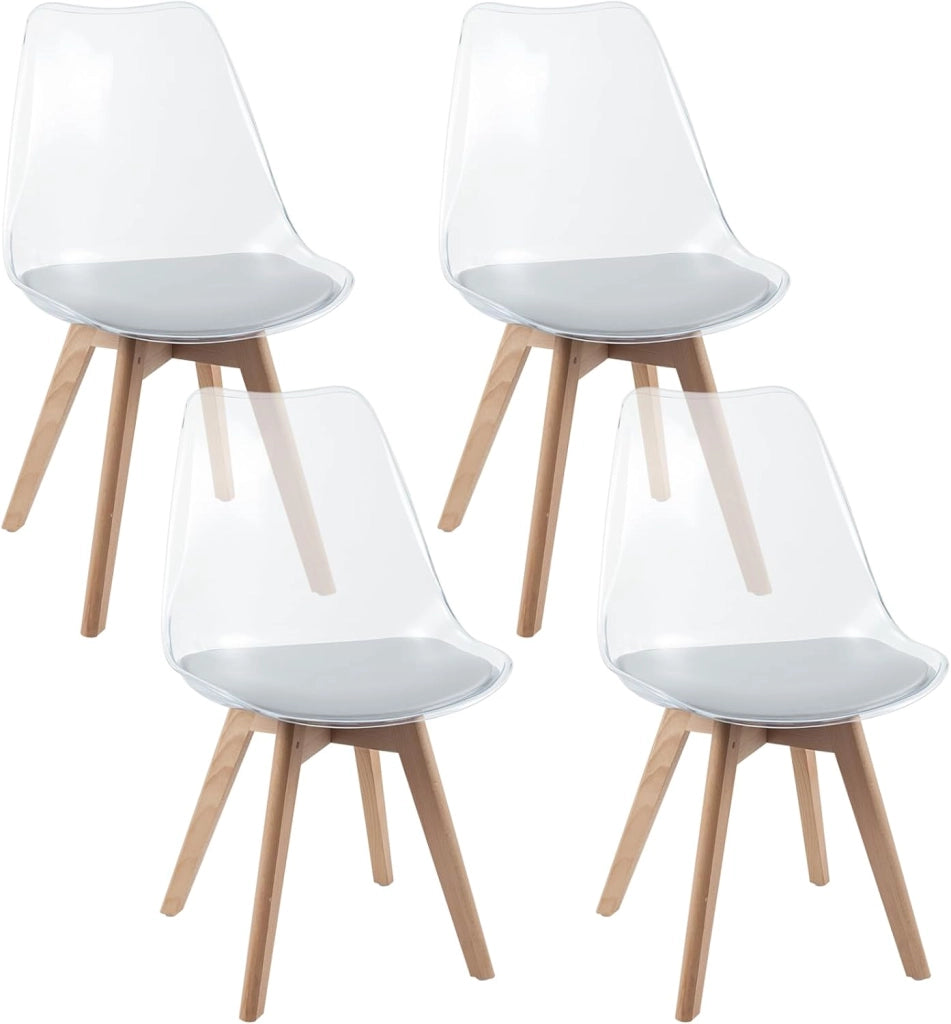 Set di 4 Sedie da Cucina Trasparenti, Sedie per Sala da Pranzo Moderne con Gambe in Legno e Seduta Imbottita, Sgabello senza Braccioli per Soggiorno e Camera da Letto, Portata 150 kg (Bianco)