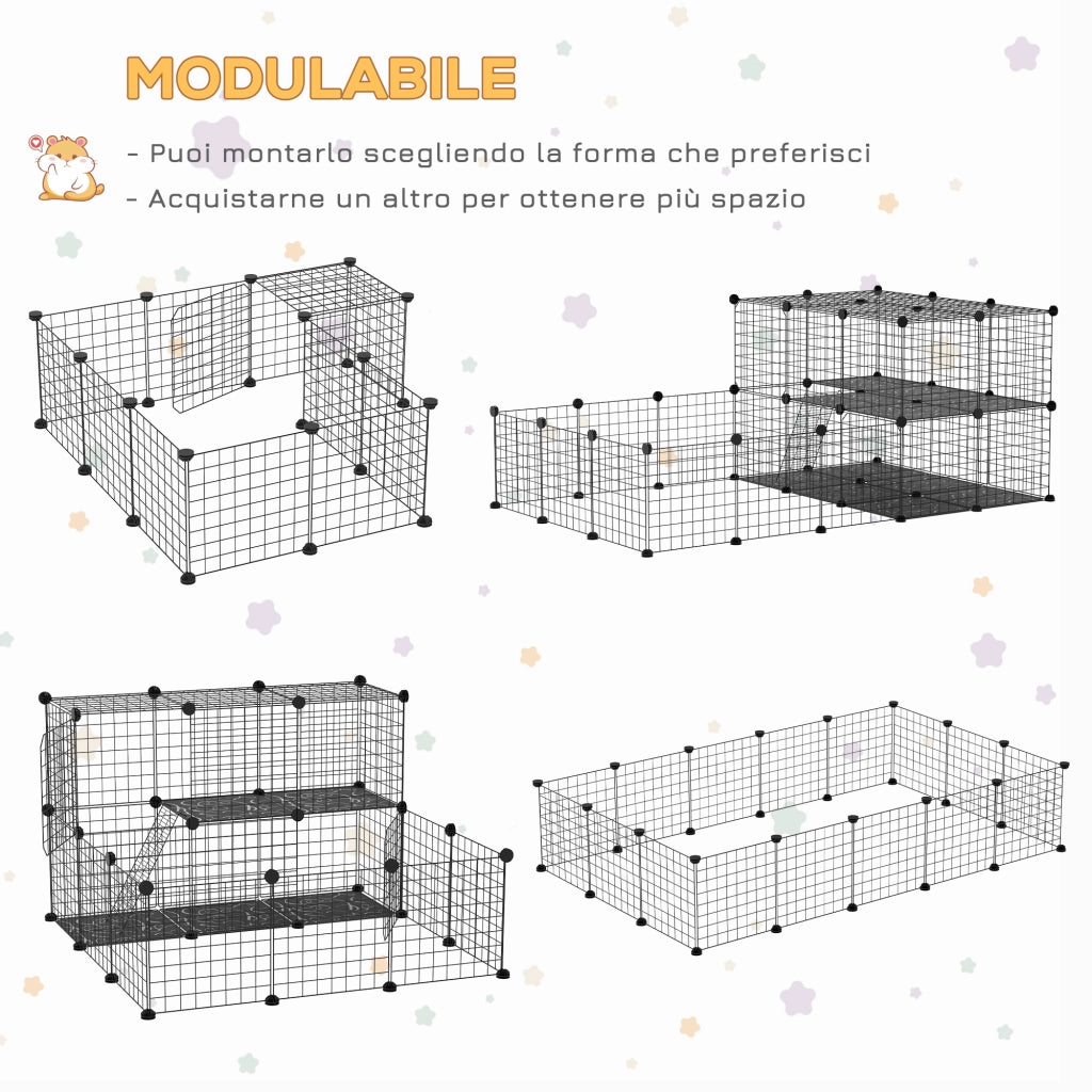 Recinto per Conigli Modulabile in Metallo con Scaletta e Accessori Montaggio, 175x105x70cm - Nero