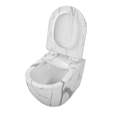 WC sospeso Rimless in ceramica marmorizzata bianca con sedile Tokyo