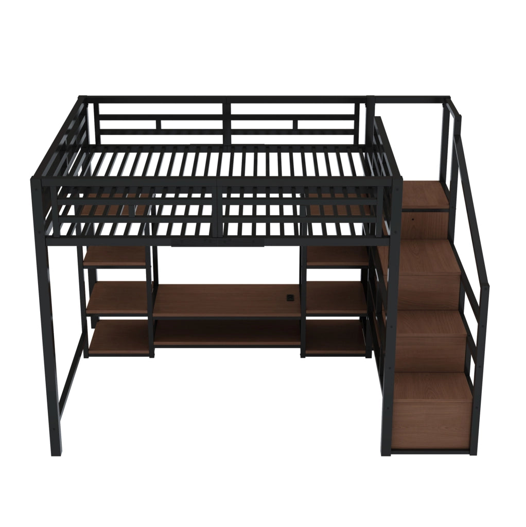 Letto a soppalco 140x200 cm con supporto TV e presa in metallo e MDF nero